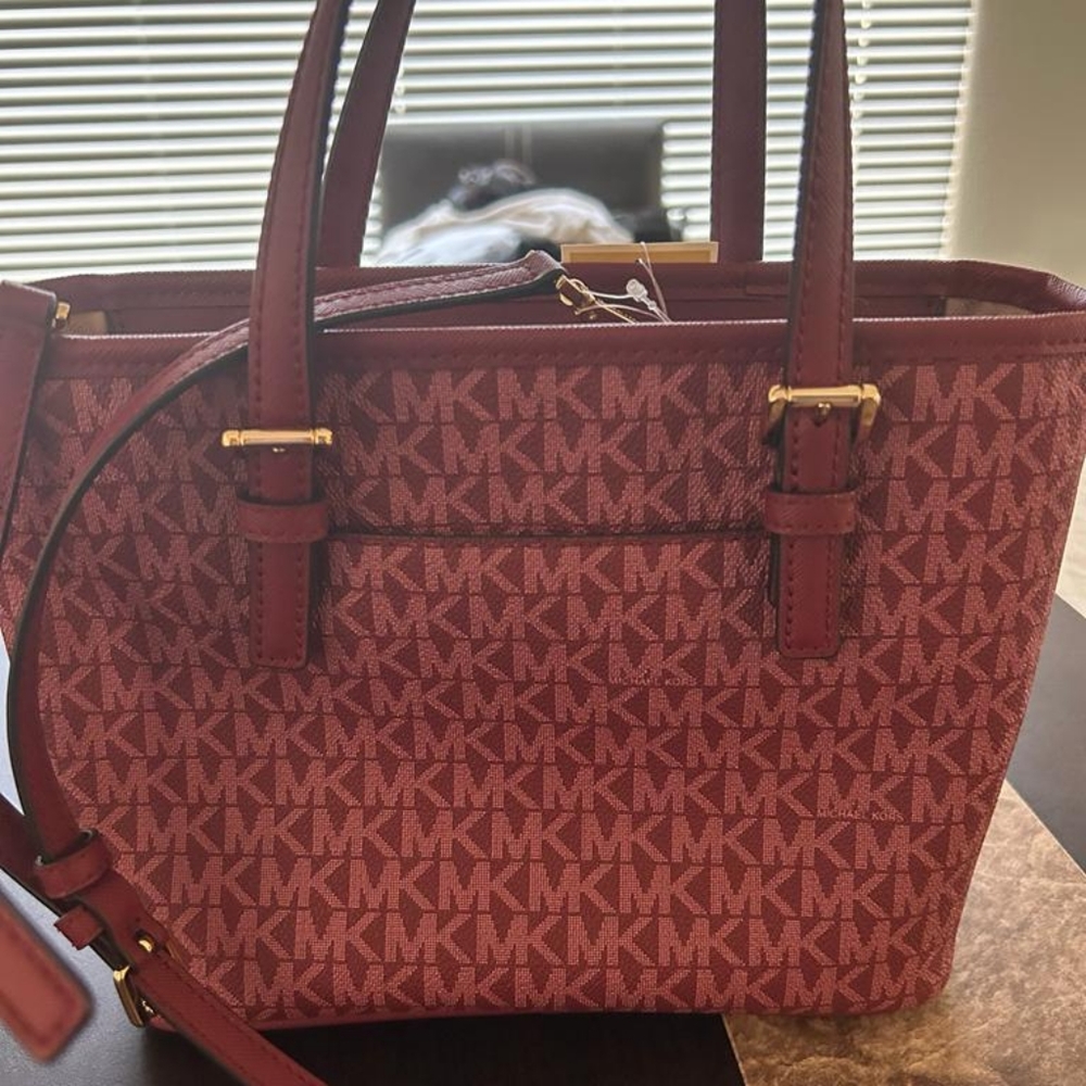 Michael Kors Red Tote with MK Logo and Leather Handles - Picture 3 of 12